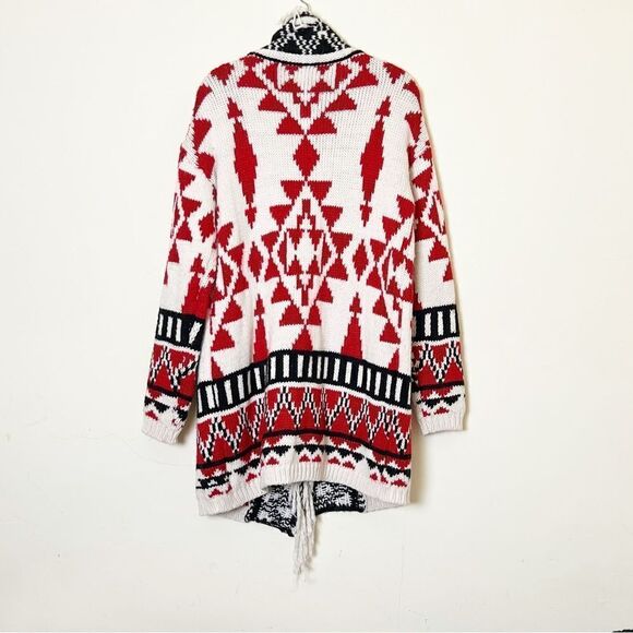 Bethany Mota Open Front Aztec Pattern Fringe Shawl Knit Cardigan, Size Medium - Picture 5 of 10